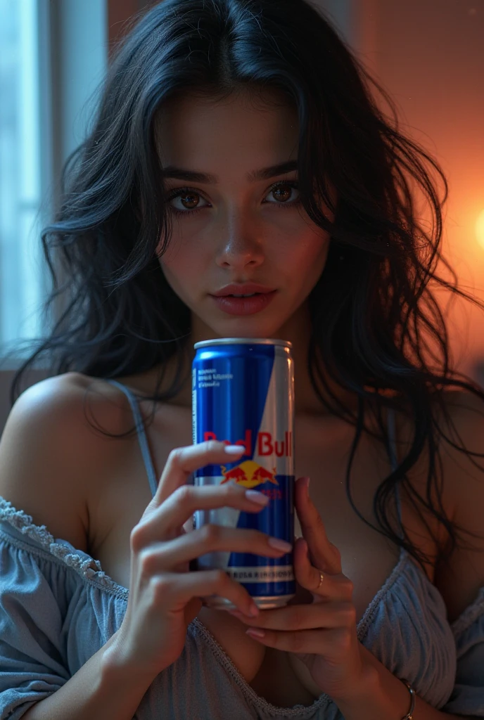 raw photo from extreme high angle, a beautiful white woman with brown long hair, black eyeshadow, wearing a blue and purple shirt covered with skulls and stripes, laying down on a dirty mattress, staring up at the ceiling, wearing black jean shorts, yellow sneakers, large breasts, large cleavage, 8k, uhd, beer bottles on the mattress