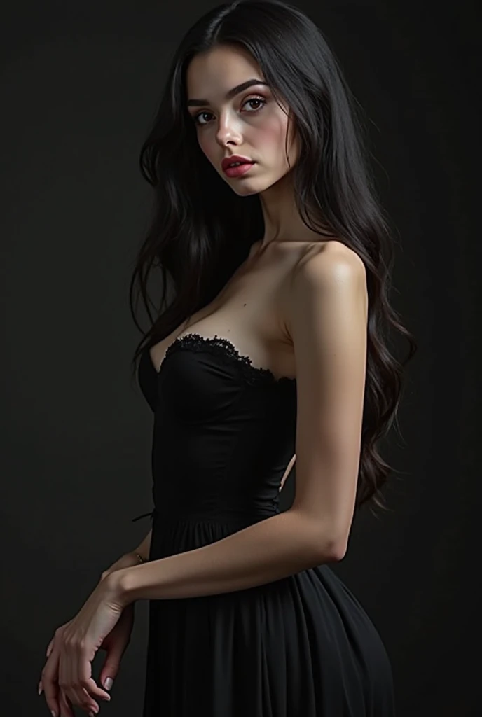 Pale-skinned girl, Pelo largo negro con flequillo, cintura delgada, muslos gruesos, pechos grandes, Paquete de abdominales de seis, piernas tonificadas, biceped,Goth makeup, delineador negro, Young girl, Cuerpo atractivo, Cuerpo caliente, muslos gruesos, cintura muy delgada, Paquete de abdominales de seis, labios gruesos,desnuda
