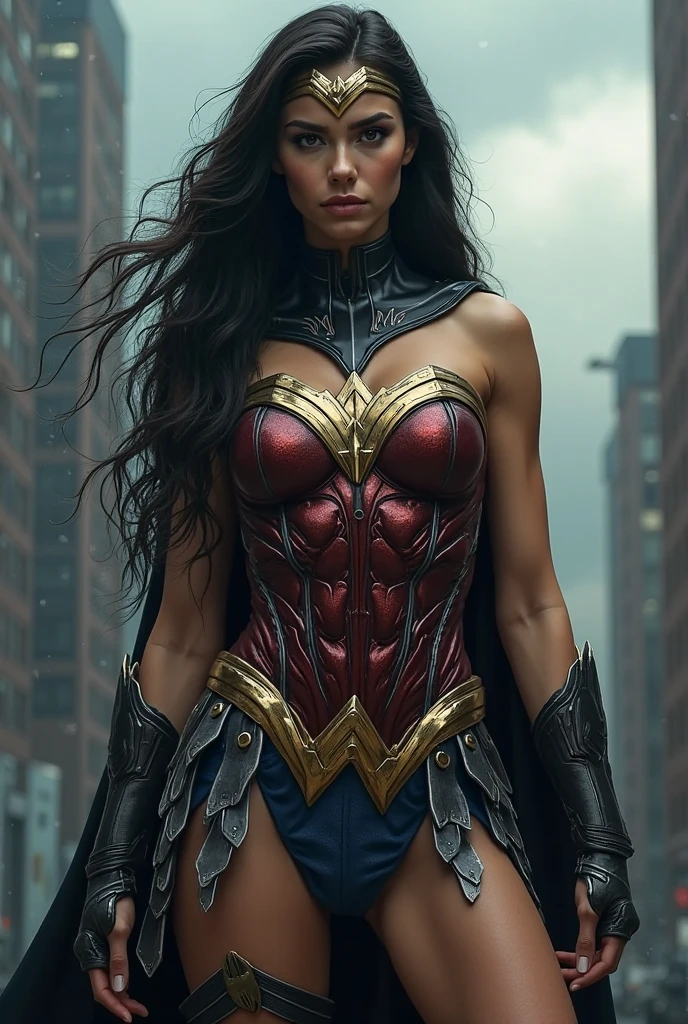 a woman in a superman costume posing for a picture on the street, hybrid of gal gadot, gal gadot as supergirl, gal gadot as hell lord, supergirl, superhero body, gal gadot, female superhero proportions, wonder woman, massive legs towering over you, dressed as wonder woman, candid photo of gal gadot, exposed thighs!!!, strong legs, masterpiece, best quality, realistic, half body shot of Joker, DC universe cinematic, detailed face, 8k, uhd, sharp focus.