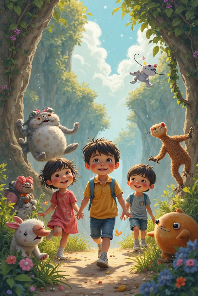 (anime, digital paint, children escaping the gingerbread house, running through the forest, scared but hopeful expressions, moonlight guiding their way)
