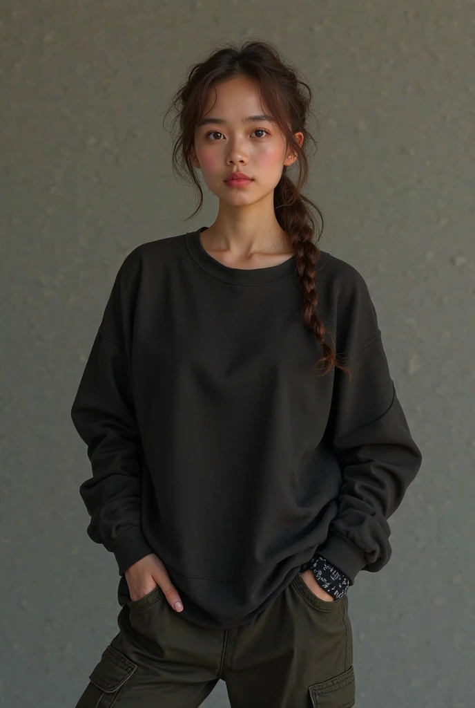 That this girl is dressed casually in an urban environment ,between buildings nestled on a long street