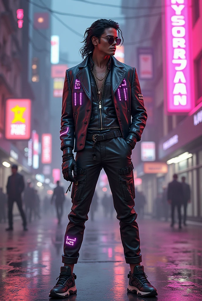 (a detailed futuristic night city, a skilled and fierce swordsman, punk fashion, long electric sword, neon lights, augmented reality, urban decay, techno music, cybernetic implants, holographic advertisements, flying vehicles, neon-lit alleys) (best quality, highres, ultra-detailed), (cyberpunk, dystopian, futuristic), (dark and vibrant colors, neon lights and glow), (dynamic and dramatic lighting)