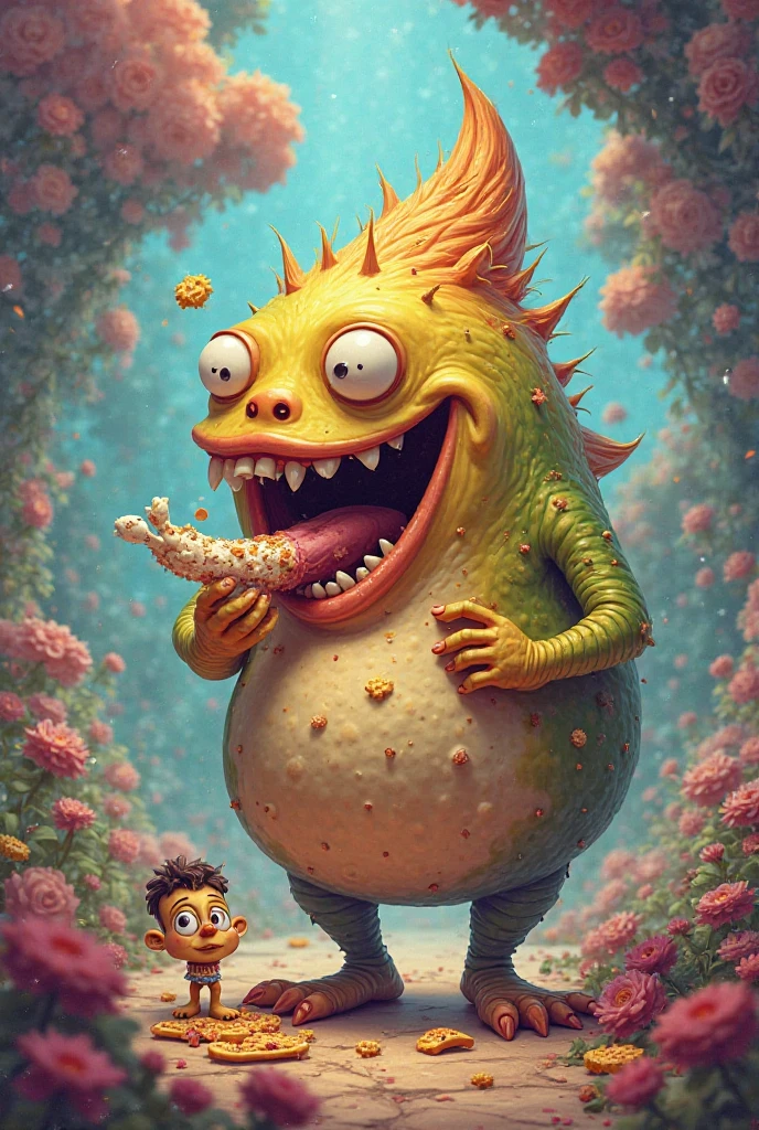 Cartoon monster eating from side view