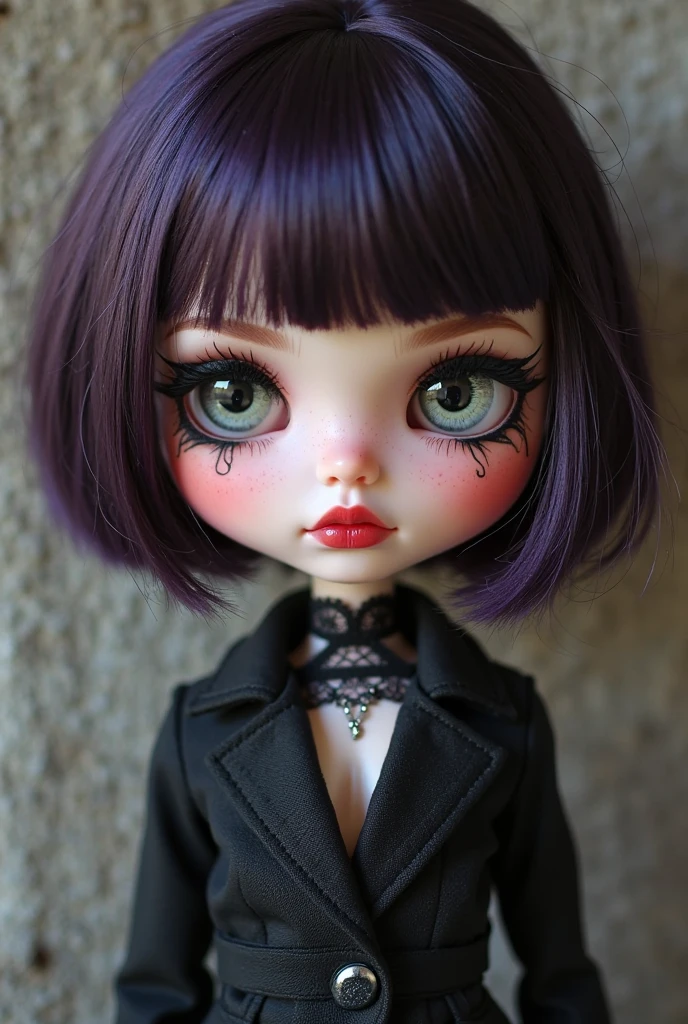 make a blythe doll with black layered black hair, black makeup and black painted lips, eyebrow and nose piercing and black clothes with lace