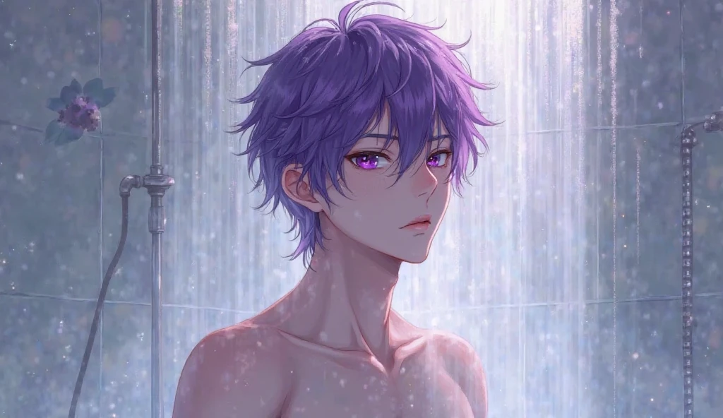 cute gray haired boy is in the shower water falls on his head