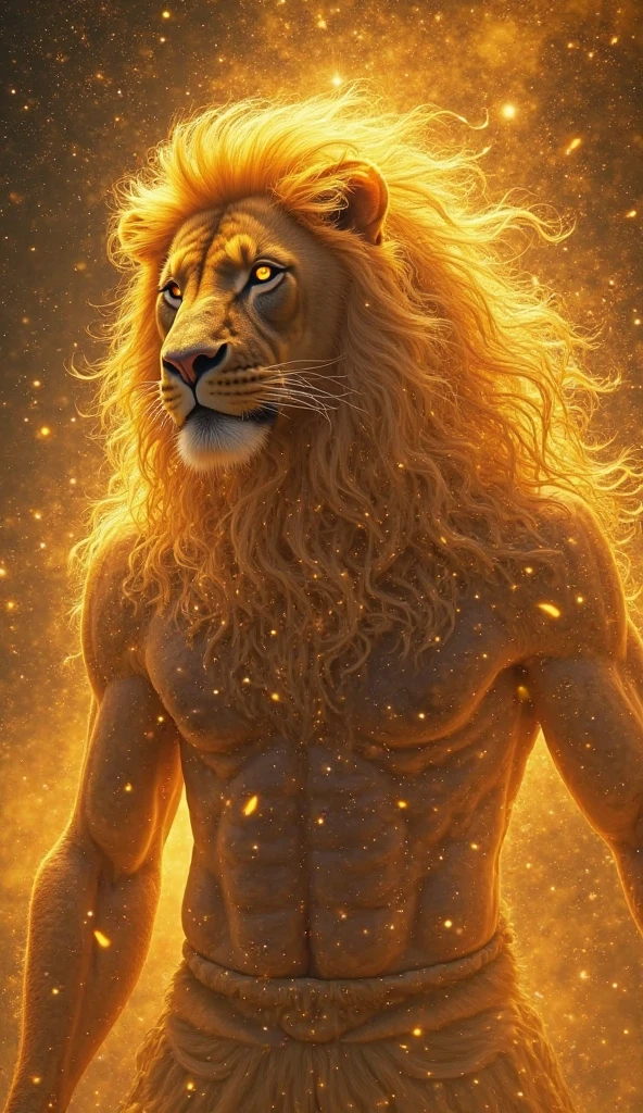 Handsome men,young,Space Background,Leo,muscle,Holy white dress,A lion made of stars behind him,Surrounded by stars,crown,Topless