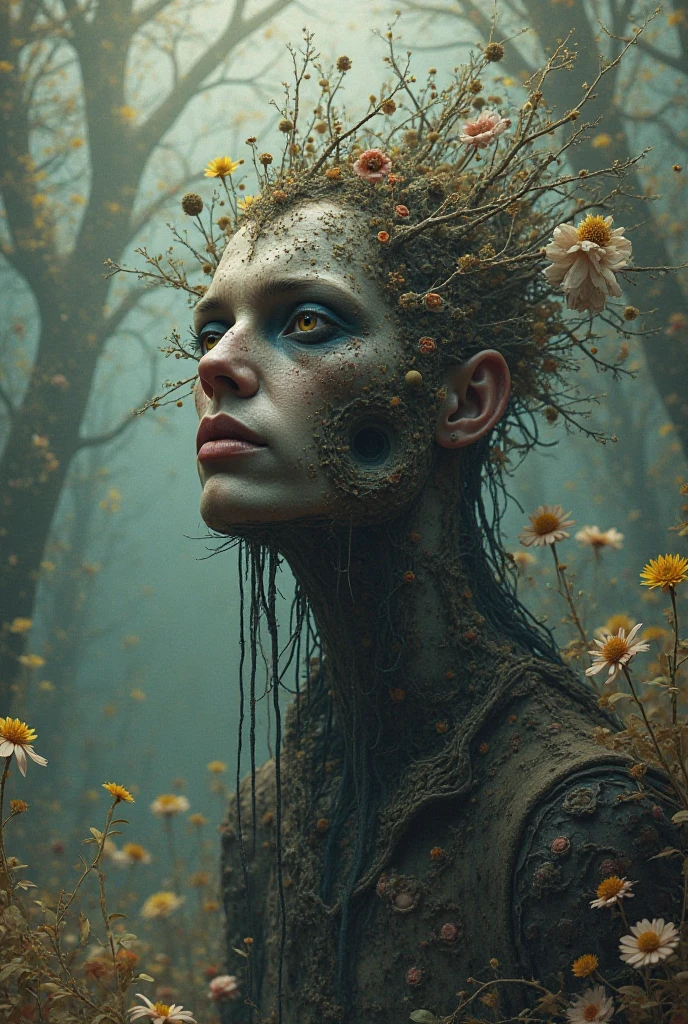 film filter, Hyper-realistic, halfbody shot of a android, lost in forest, scifi , old prosthetics ,  covered in lush, wild flowers and nature, cracked face, illuminated, rusted old metal, realistic, elegance,  sophisticated, moss, (photorealistic:1.5), iron face rust, detailed, realistic, hyper realistic, highly detailed, depth of field, 32k, aura of power,  renaissance painting,  slice of life,  fine art painting, lush, classical realism, poster, Figurative, oil, unilalianism, Historical mystery <lora:ral-dissolve:1> ral-dissolve, dissolving in the wind