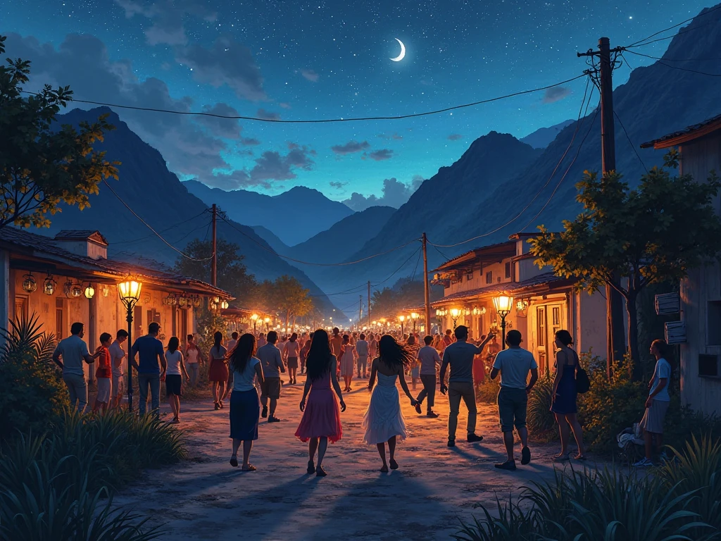 "Empowering Honduras with Electricity" - Create a vibrant and heartwarming illustrated image that highlights the transformative power of electrical energy for the people of Honduras. Showcase a joyful scene where residents of various backgrounds and ages celebrate their newfound access to electricity. Illuminate the streets with public lighting, and capture the happiness and hope on their faces as they enjoy the benefits of electricity. This image should serve as a powerful reminder of the positive impact of electrical access on communities, Illustration, using vibrant colours and a heartwarming style to depict the significance of electricity for the people of Honduras