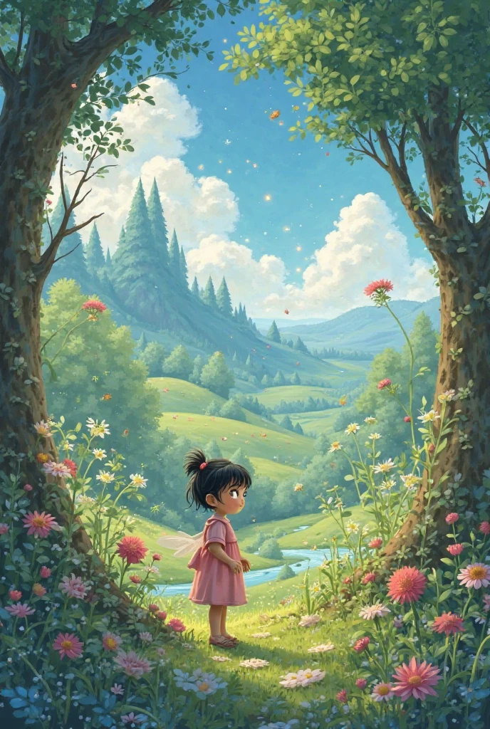There is a girl who is walking on the grass with flowers, Arte infantil em Artstation, illustration of children's books, Menina que caminha em um campo de flores, illustration of children's books, illustration of children's books, illustration for children's book, illustration of children's book, arte publicada, menina pulando em um campo de flores, illustration of children's book, Menina que caminha no campo da flor, Correndo livremente
