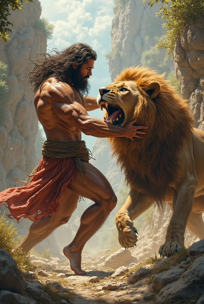 I want a strong man with long hair killing a lion with his hands