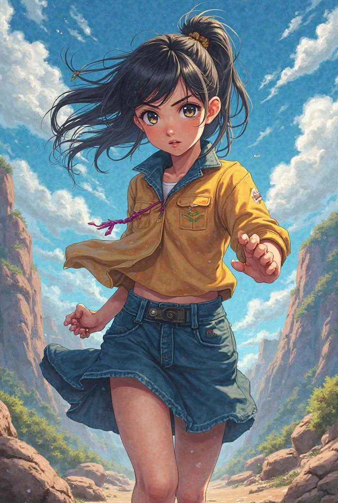 Videl, black twintail hair,long white shirt, tight black shorts, looking at viewer, serious, heavy breathing, blush,
outside, open field, small mountain,punching, fighting pose, blue sky, extreme detail, masterpiece, beautiful quality, <lora:videl_v3:.7>