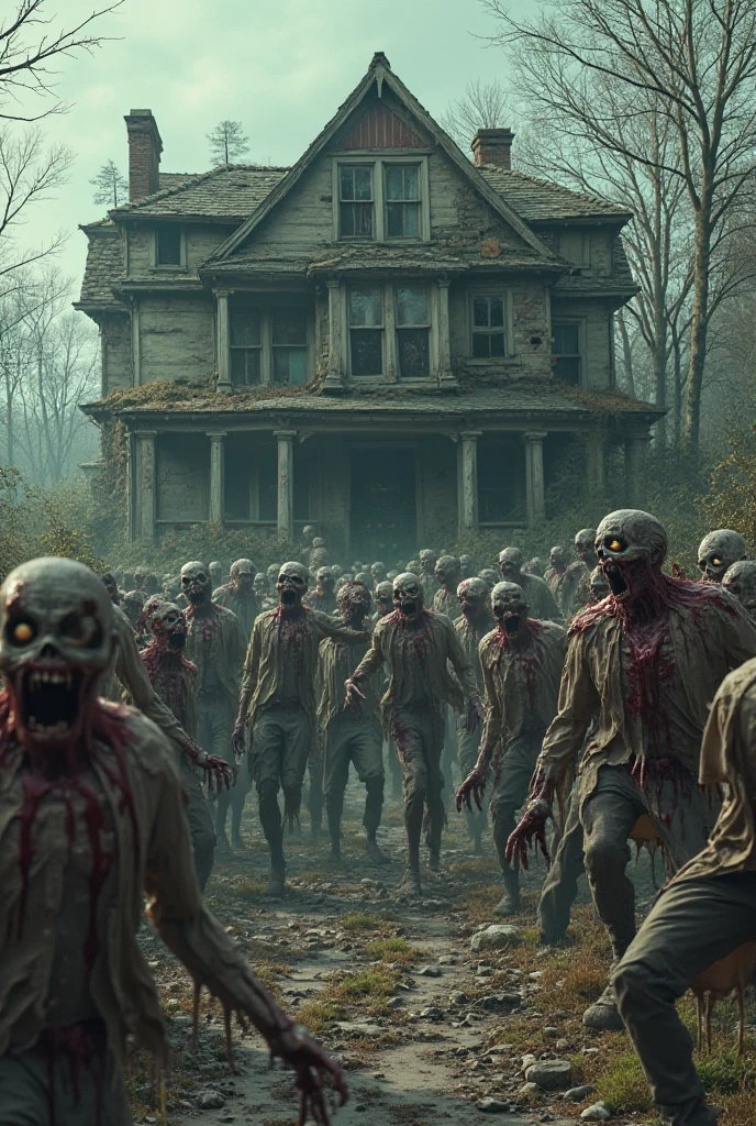 A dilapidated farmhouse, moonlight filtering through shattered windows, survivors huddled, clutching weapons tightly. ,screen cap from George A. Romero's Twilight of the Dead" , twilight_of_the_dead