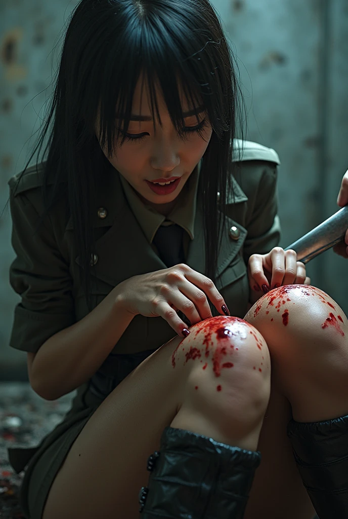 nsfw, vagina, (8k、Ultra-high resolution、Highest quality、Masseter muscle area、Photorealistic、Ultra-high resolution)(Small Tits、Quite small breasts、Beautiful ass:1.18)、Groin joint、(Always squat with your legs apart、Put your hands on your knees)、(Black hair twin tails:1.15)Japanese women、So cute、((((bottomless))))、((((The lower half is naked))))、White and striped panties hanging from one leg、Standing in the middle、Bow-legged、(((Pussy in full view)))、((((open vagina))))、((((Boobs fully exposed))))、(((Clear)))、meaty belly、Chubby belly、((((White loose socks))))、((((Brown leather shoes))))、(Outdoor Roads)、((((Low - Angle))))、sweat, perspired, drooling,drivel, ((((shiny_skin))))、Open mouth and drooling、Face turned away、Looking up to the sky、((((Composition seen from below))))、looking away、(((Nosebleeding、Blood from the mouth、Blood flowing from the neck、Decapitated、Behead、Wide-open eyes、Neck cross section、Her neck has been cut with a knife、Inside the pussy)))、(((A man wearing work clothes is seen cutting the woman&#39;s throat with a knife behind her、Male hand holding a knife、Male hand pulling hair)))