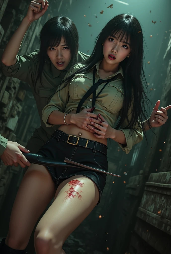 (msterpiece:1.3), (8k, RAW photo, best quality: 1.4), beautiful face, beautiful hairstyle, beautiful detailed eyes, beautiful skin, absurdres, attractive, ultra high res, highly detailed,NSFW, 2 girls in abandoned underground basement,vagina close up,necklace,arms behind back,evil smile, ultra detailed skin,Heavy makeup, flower hairpin,colorful patterned lace dress, dirty ground,on bed,bondage, exposed pussy,long hair,blood, vagina spurting blood,slim legs,knife,vaginal knife insertion,
