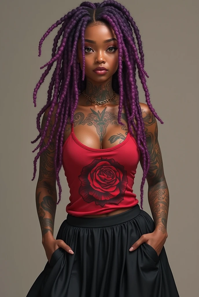 Hair transition curly black hair growing with red tips, afro-descendant woman with skull tattoo on her arm