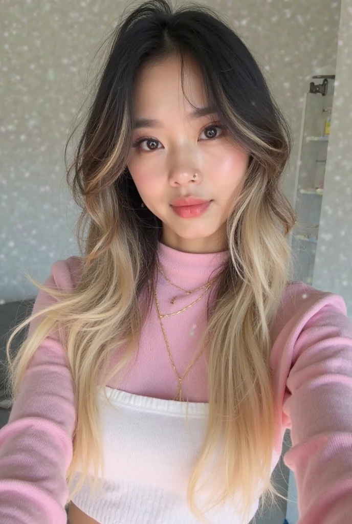 cute sexy girl 23 years old Asian ,crawls towards the viewer (blonde hair, long hair), big brown eyes, , clothing top