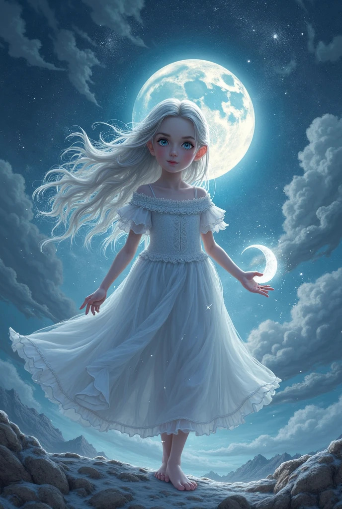 a boy named Thomas. His hair was as black as night and his inquisitive eyes shone like distant stars. But what really caught everyone's attention, It was the ornament he wore around his neck.: A Little Silver Moon. This mysterious moon was made of a shiny and delicate material, and seemed to emit a soft silvery sheen.