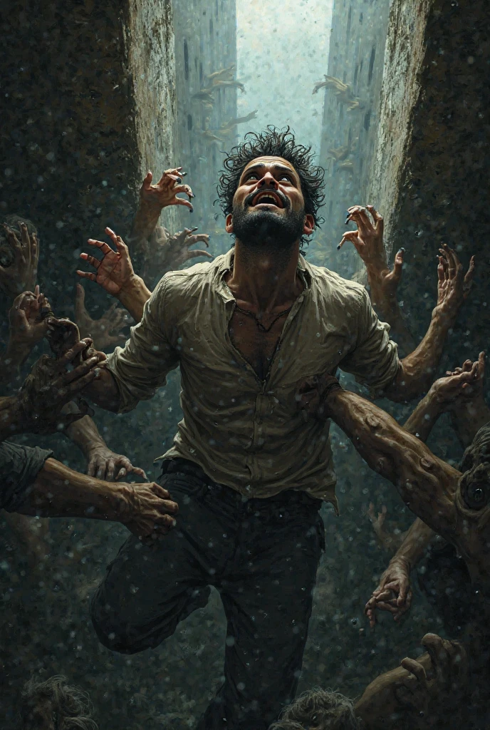 The image depicts a person being pulled down by several others, capturing the emotional intensity of feeling pulled by negative forces. The scene is dark, but a glimmer of hope appears in the background, symbolizing the possibility of .