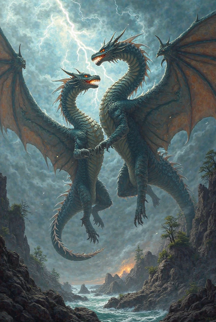 A dragon, elder, silver, fighting fiercely against a hydra, Unripe, November heads