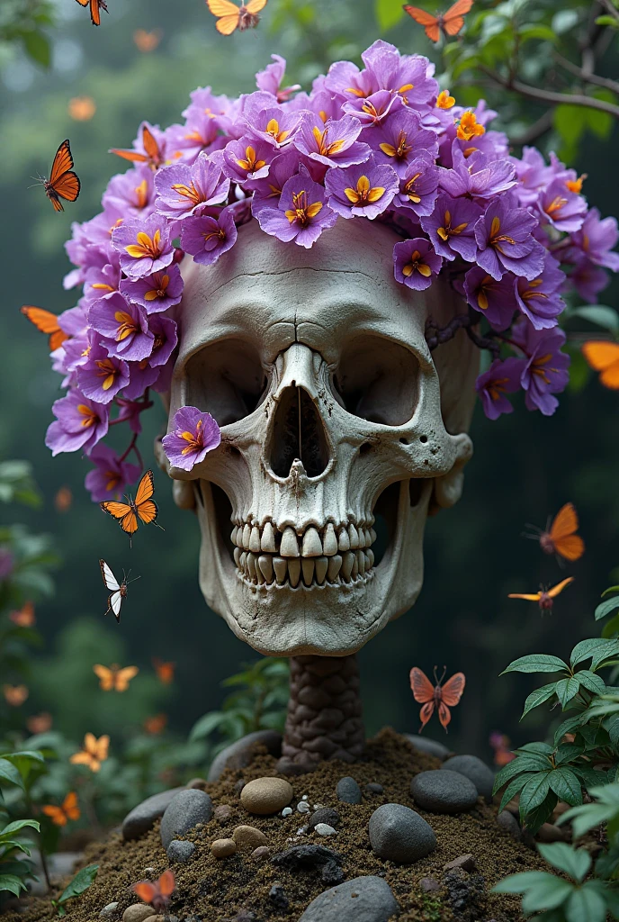 Pink and purple fire butterfly on a skeleton with a flower crown





