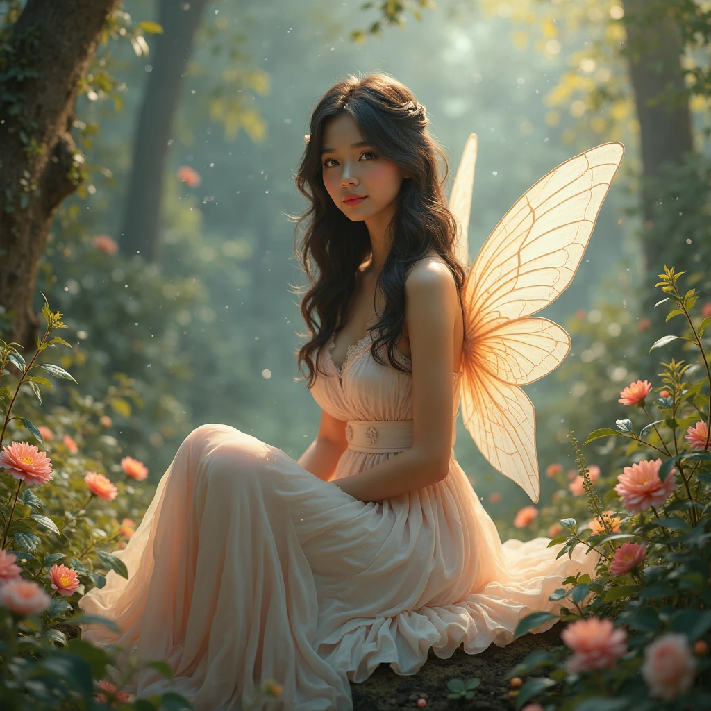 Fairy with the face of a girl perched on a rose. Digital painting, artstation, concept art, soft focus, sharp, illustration. Very colourful