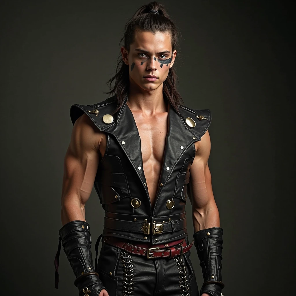 Very DIRTY, Black hair, showing off his hairy armpits, Big bulge, very hairy armpits, hairy pubic, hairy crotch, Cute handsome face, In the dirty alley, Zephyr stands bound, WEARING Tiny thong, his wrists encased in supple leather cuffs that accentuate the lines of his forearms. A bondage chest harness adorns his upper body, its intricate design revealing the play of shadows on the exposed skin of his chest. The ambient lighting casts a warm glow, creating an interplay of light and darkness. Zephyr's legs, enveloped in calf-to-thigh leather restraints, add a visual symmetry to the scene. The leather straps, secured with meticulous precision, enhance the aesthetic appeal of his bound form. The absence of a body panel in the chest harness exposes his torso, highlighting the vulnerability and sensuality of the moment. As Zephyr's hair falls slightly disheveled around his face, the room captures the scents of leather and anticipation. The alley becomes a canvas for the visual impact of restraint, each element contributing to the immersive experience. The intricate details of the bindings and the interplay of light create a visually compelling scene, ripe for exploration by an AI image generator. Both Arms behind back, handcuffed. Nipple clamps.