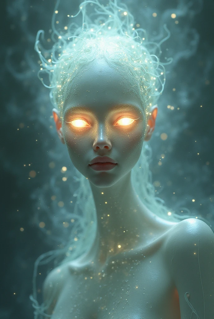 Alien with female appearance Without hair Translucent white shiny scaly skin Glowing skin from within Translucent shiny scaly skin of different colors Bright translucent crystal eyes
With bright strings coming out of her fingertips like a puppeteer