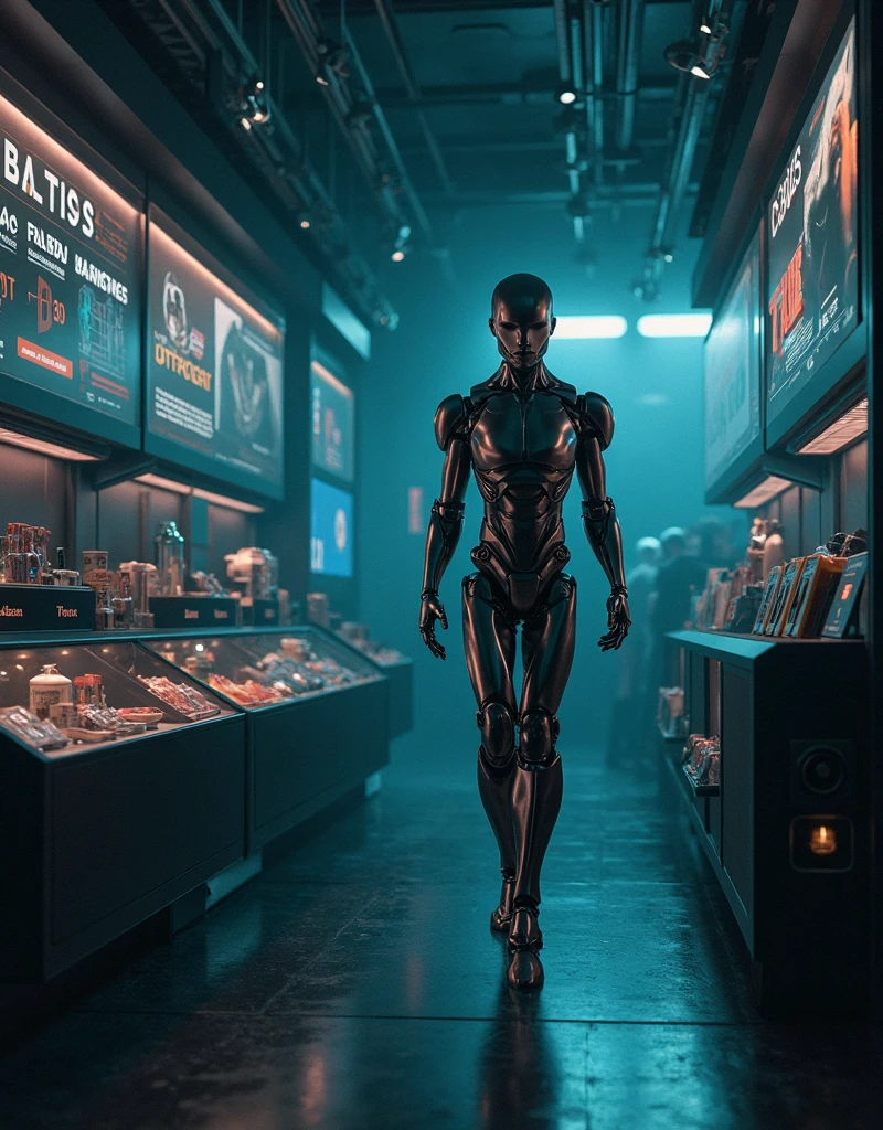 (Masterpies), the best quality, a mesmerizing cyborg girl, she stands at the checkout counter in the grocery store, scans the goods at the checkout, food racks and other customers are visible in the background, neutral dark tone.