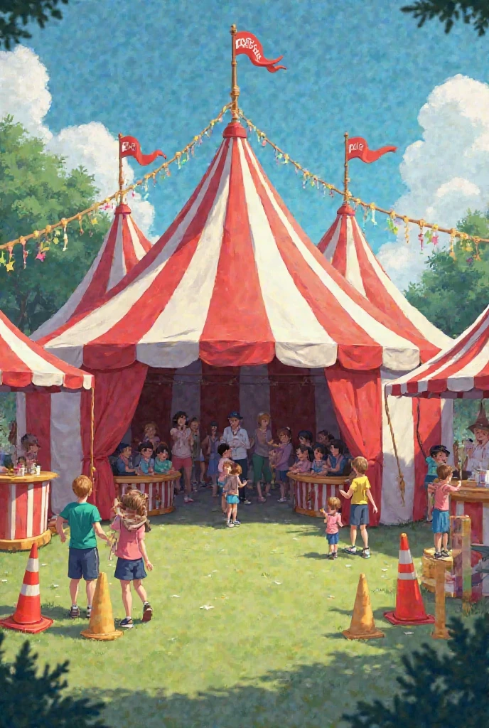 <lora:å¦æå¯ä»¥ï¼è¯·ææçå¨ç«¥å¹´é:0.75> children's illustration, a circus with clowns