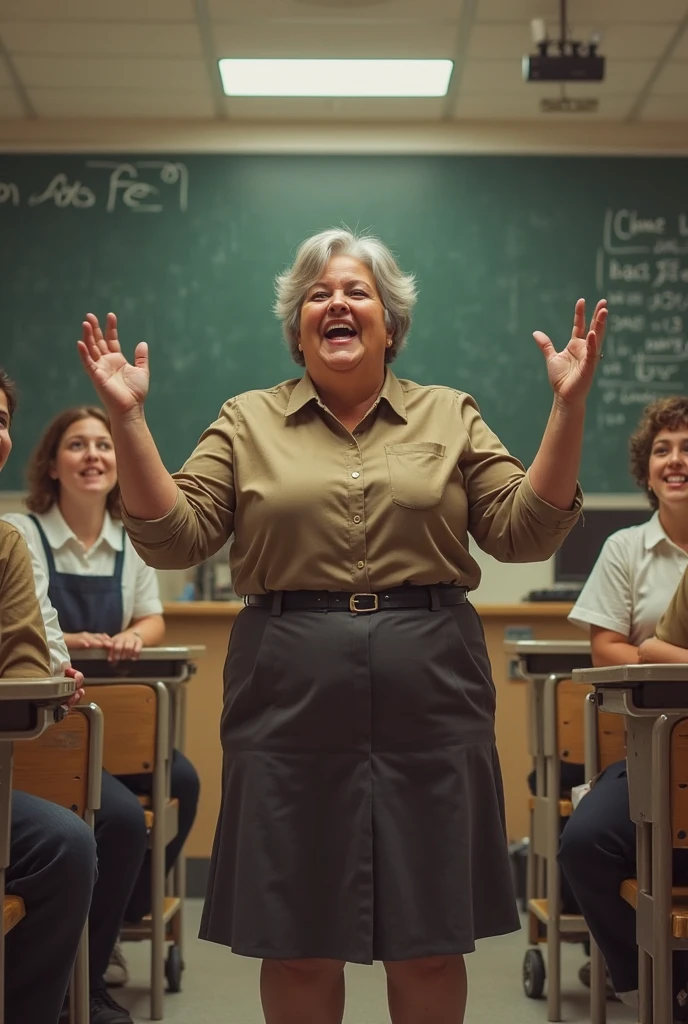 Middle-aged woman with short curly black hair at neck length with a horse-toothed smile, yellowish skin with a wide torso and thin legs in a polo-neck blouse and jeans at school talking loudly, full body photo