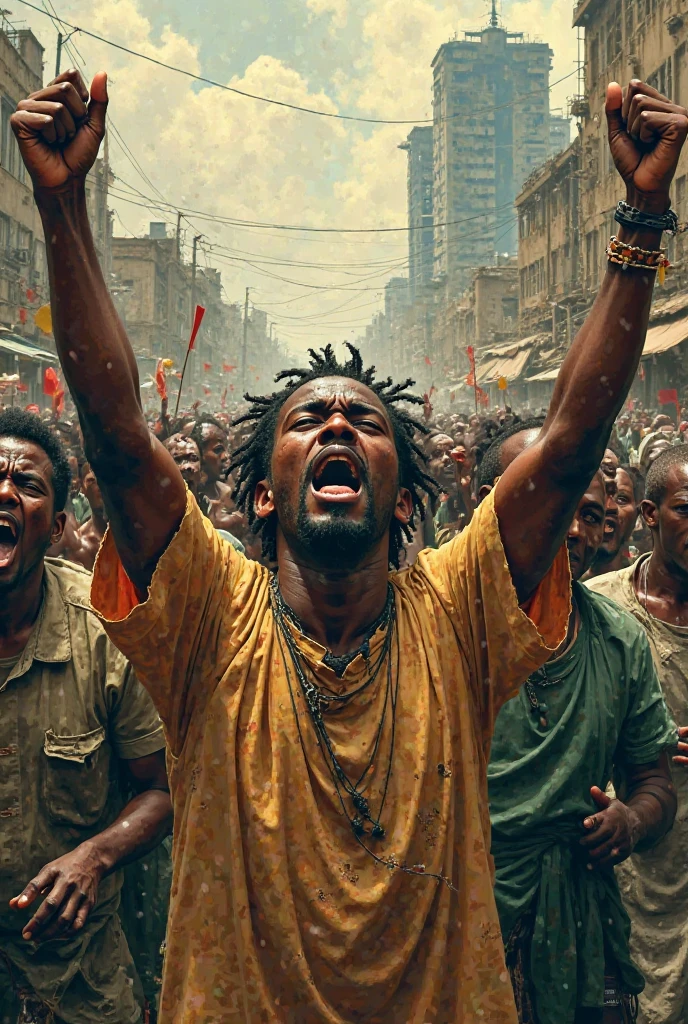 Crowd of people, with their hands up, looking at the sky, asking God for help, for a better life, place, favela, realistic, cinematic