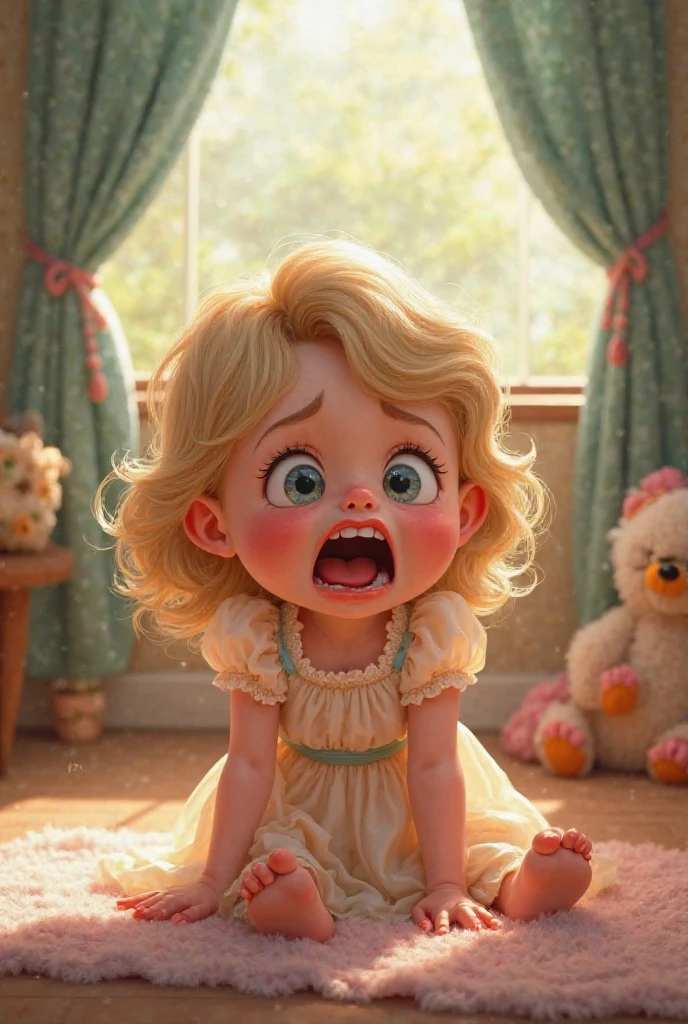 A scared young teen  woman sitting in a baby's high chair. She has a pacifier in her mouth. Blonde pigtails.  Cleavage 