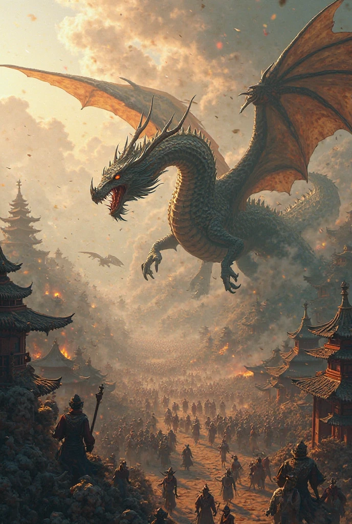 A dragon with its wings spread wide、An elven woman draws her bow and challenges to battle、The surrounding area is lined with village houses burned down by dragon flames.　