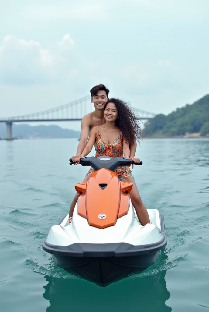 there is a man and woman riding a jet ski on the beach, couple, vacation photo, on the ocean water, family, photoshot, on the ocean, at the sea, happy!!!, photoshoot, on beach, romantic, beginner, having fun, at the beach, 2 people, on the sea, with a city in the background, lovely couple, happy couple