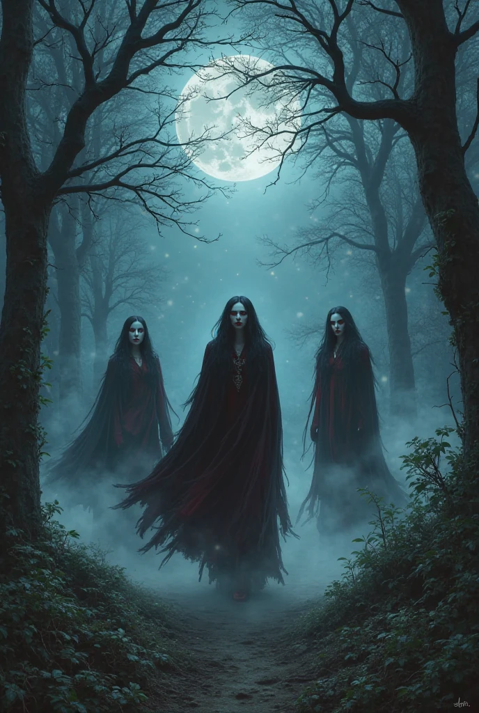 Horrifique , du sang , des cranes , des fleurs noires , des éclaires , une nuit sombre , des arbres hantés , une femme sexy sorcières vêtues de noires