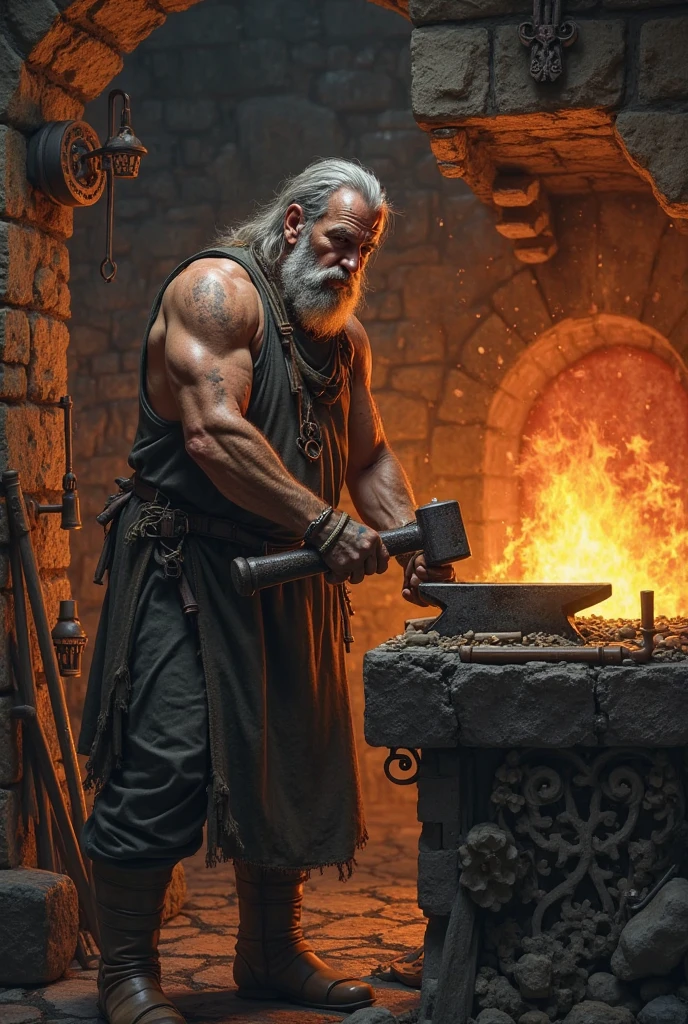 an elderly forger, muscular with gray hair and a thick beard, Stands with his arms crossed. He has a serious expression, almost intimidating, which shows your experience and strength. Ao fundo, the forge is alive, with flames dancing and illuminating the sharp swords that hang on the shelves. The atmosphere is rustic, with metal tools and charcoal scattered around, reflecting the dedication and hard work of the forger. It is an image that conveys both wisdom and power.!