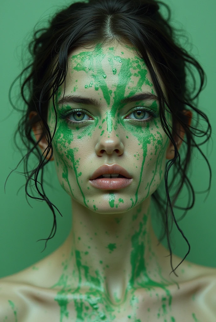 8k, HD, masterpiece, photo-realistic, extreme texture, (21-year-old Japanese model: 1.5), asian woman, (1 woman: 1.2), (tan skin: 1.1), push-up bra, cleavage, artistic photography, lens flairs, delicate eyes, double eyelids, long eyelashes, thick eyeliner, heavy makeup, wavy lob hair, (thick sludge dripping down head: 1.6), f/2.5, film photography, view from above, artistic angle, (sludge dripping down hair: 1.2), (sludge splattered on body: 1.3)