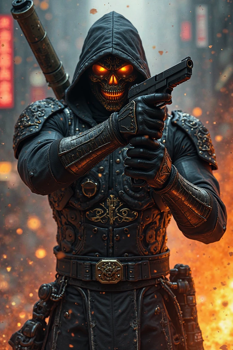 最high quality、Beautiful down to the last detail、Face is a skull、Cyborg style, A ninja crouches on an elaborate suspension bridge in a post-apocalyptic world, Realistic, sf, high quality, High resolution 