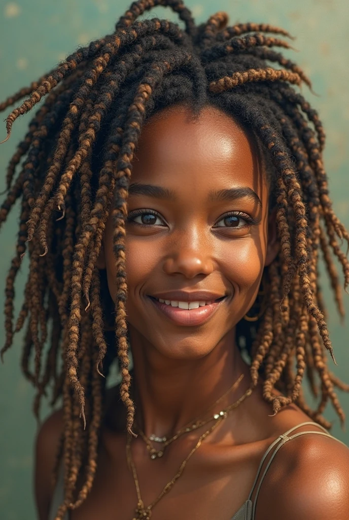 Créer une femme afro haïtienne, nommée Manbo Gessie, âgée de 54 ans, cheveux dreadlocks relâchés sur son dos, des beaux bridés, des belles joues, des dents blanches, gencives violettes, teint un peu clair. nez pointu, rouge à lèvres rouge vif. Femme joyeuse, aime la nature, la méditation, la relaxation. Manbo Gessie personnage captivante, fabuleuse. Elle se promène dans la nature