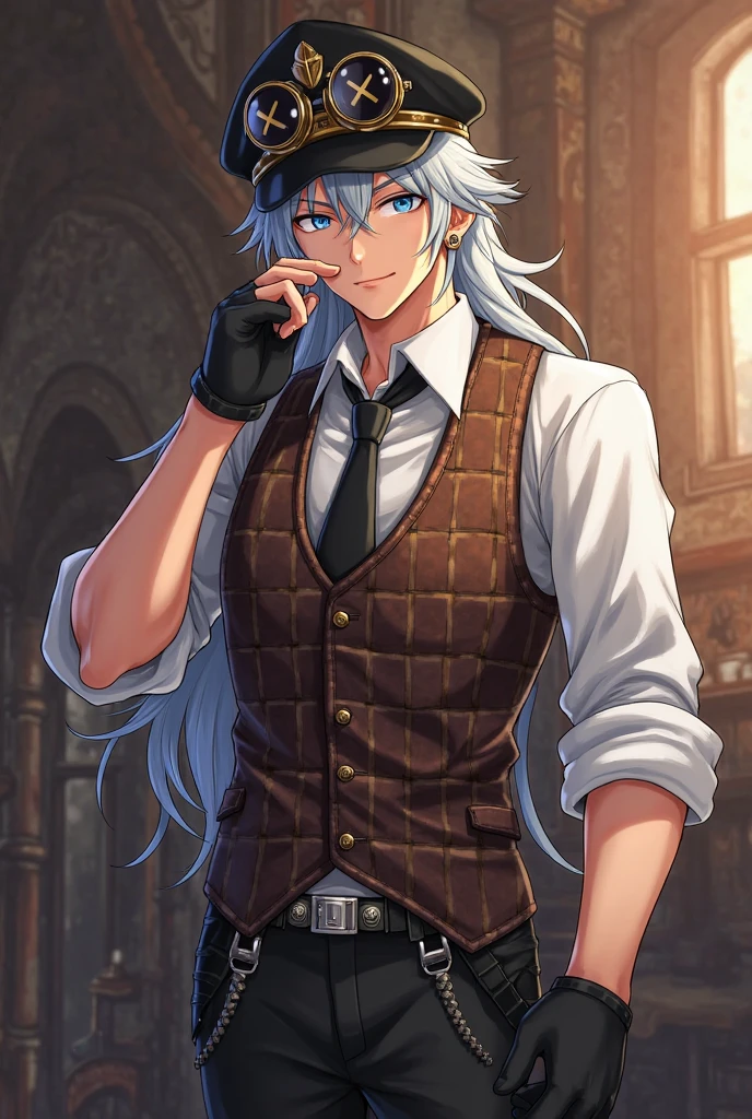 Perfect face. Perfect hands. A young white haired man with blue eyes and long hair in a white sheriff's uniform is playing cards in a saloon with a big smile