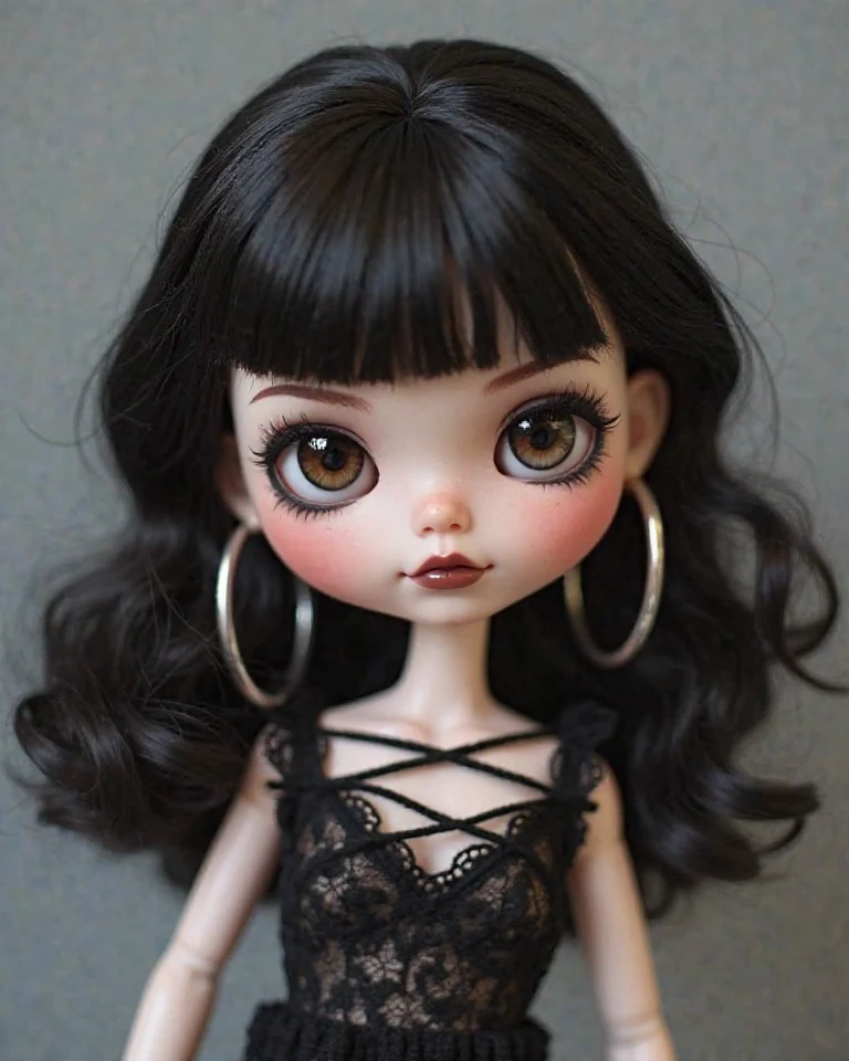 Make a Blythe doll with long curly black hair without bangs, dark skin and dark brown eyes.