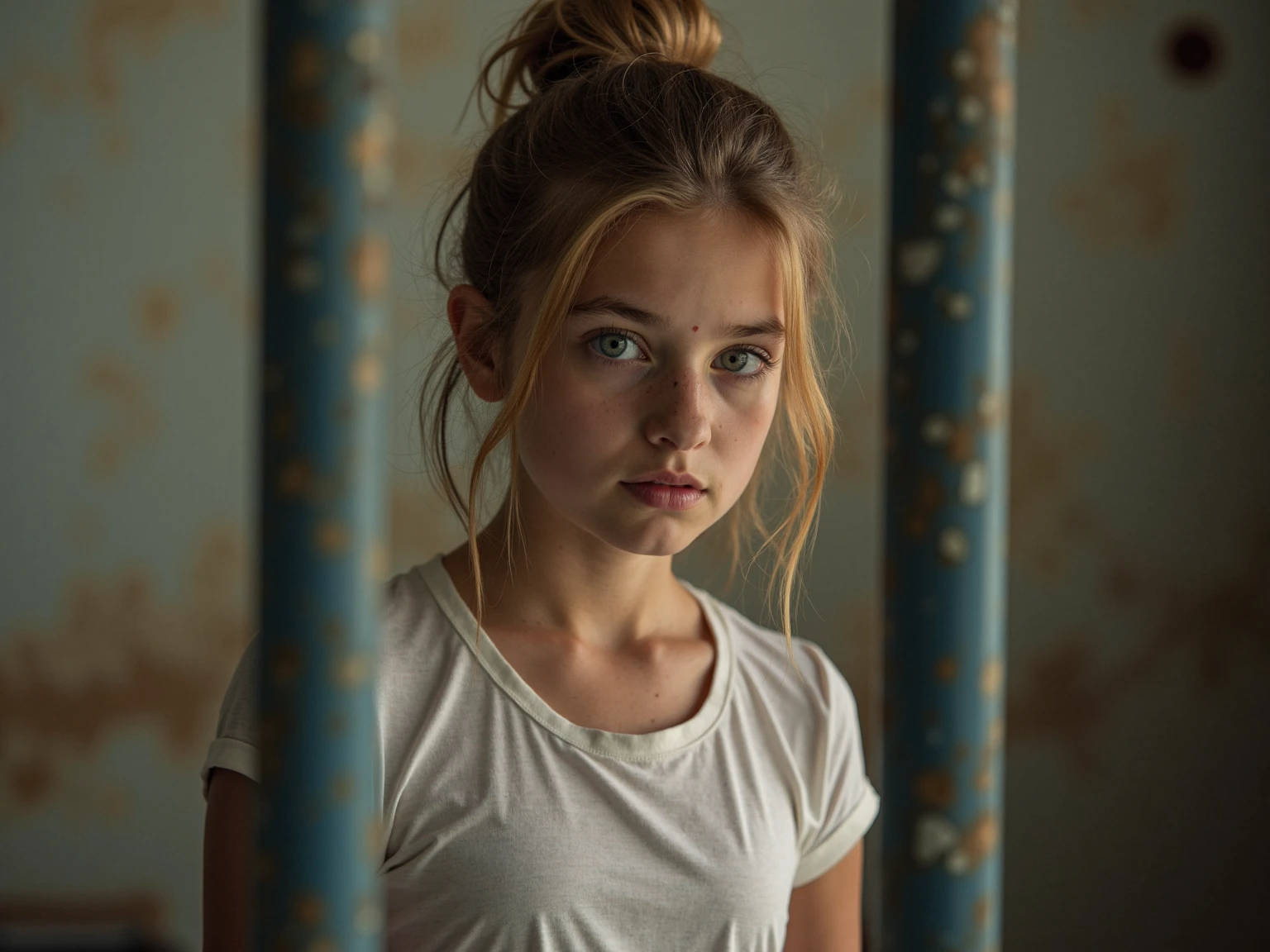 14yo European middle school shy girl, flat ?????, dark blond messy hair, posing like in prison, no panties