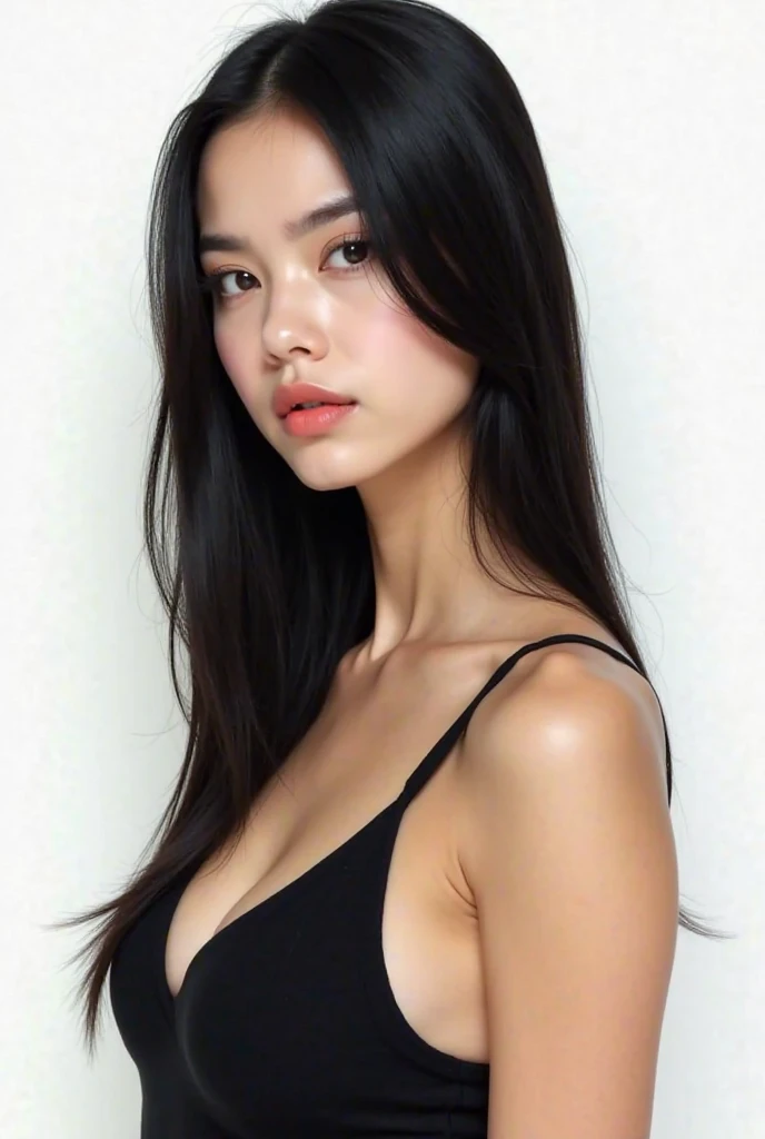 Beautiful woman wearing black opaque low neck camisole,No underwear,analog photograph,Professional fashion shooting,Surreal,masterpiece,Art style,Clear collarbone,long black hair,Sexy 23 year old beautiful perfect detailed face big bright light brown eyes and big lips (Perfect proportion:1.6) The background is a slightly dark European luxury style living room。