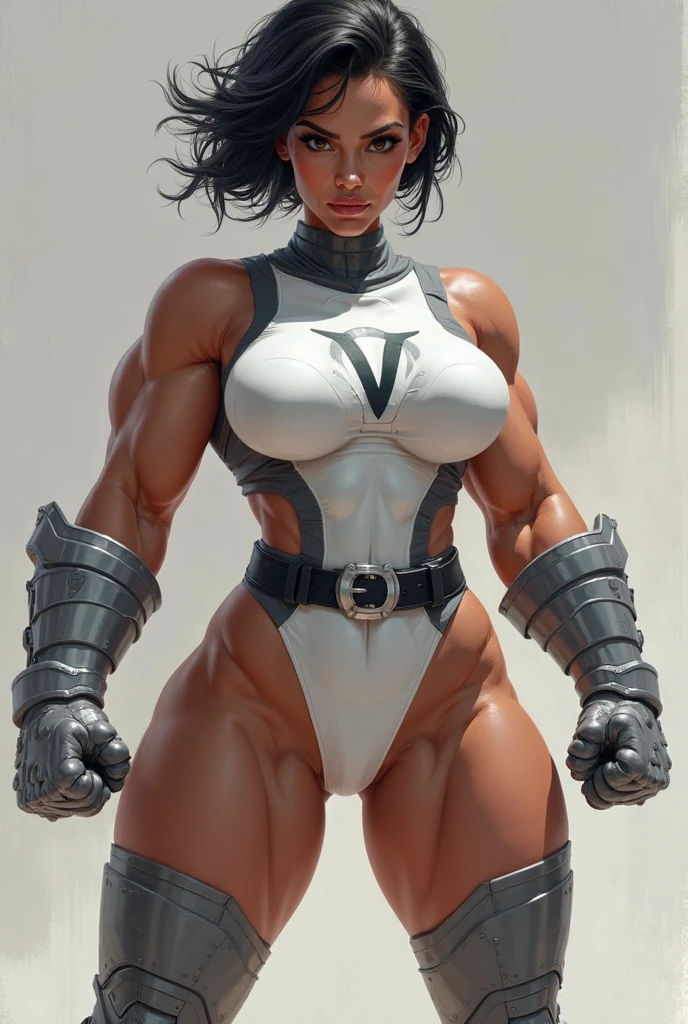 Generate an illustration of a mature Jade Cargill, ((wwe)), silver hair , (black skin), de terno preto, (black bra:1.3), short hair, hair combed back, (gigantic breasts:1.3), in anime format with a serious style, (neon green unitard), ((warm lighting)), black boots, gothic make up, masterpiece, ((dark lighting)), black background, (puffy lips),((slendered abs)), beautiful face,
