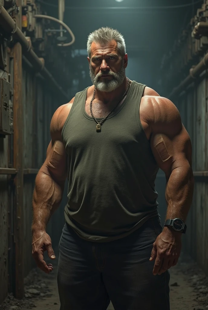 A portrait full body photograph A tractive Italian farmer mid age bald Strong muscular, big hairy belly, hairy chest and abdominal wearing a teared shorts showing his huge legs muscles, hairy pubis, in the style of light brown and teal, moody colors, curvilinear, textural layering, utilizes, velvia, media-savvy, sharp photo, HD, 8k --auto --s2