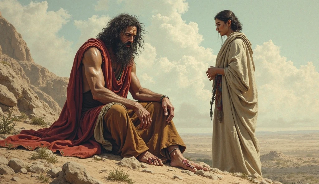 A suffering Job sits on a pile of ash, his body covered in painful sores from head to toe. Dark, cloudy skies Nearby, Job's wife wears a bitter expression, instantly cursing God, but Job remains resolute, though visibly in pain."