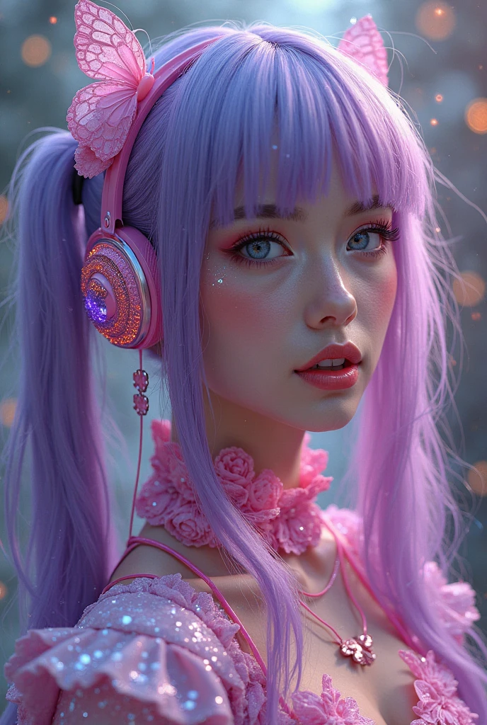 Korean purple hair butterfly woman with headphone and pink glitter dress and white pink hair man in amusement park 