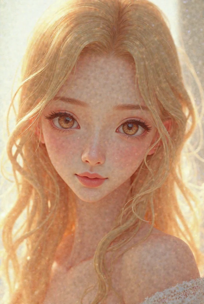 1girl, pink skin, blonde and orange gradient hair, freckles, hand on face
