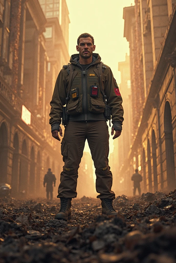 1guy, solo, photo, rugged survivor in a desolate dystopian environment, clad in patched-up clothing, scavenging for resources amidst the wreckage of society, conveying a sense of resilience and desperation in the aftermath of catastrophe, 4k, detailed, cinematic lighting