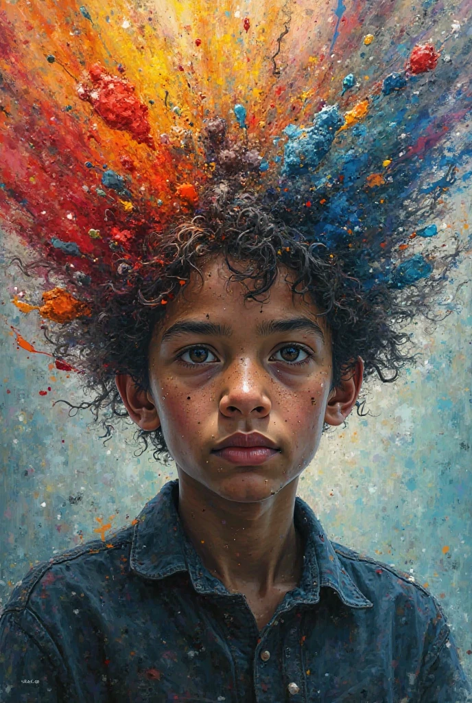 Create a figurative image for a painting of a quiet boy born in a noisy world, who doesn't speak but when he does, it is a wow. A more abstract piece, representing the inner thoughts of the boy. While the world around him is chaotic, his thoughts are depicted as intricate, delicate patterns.